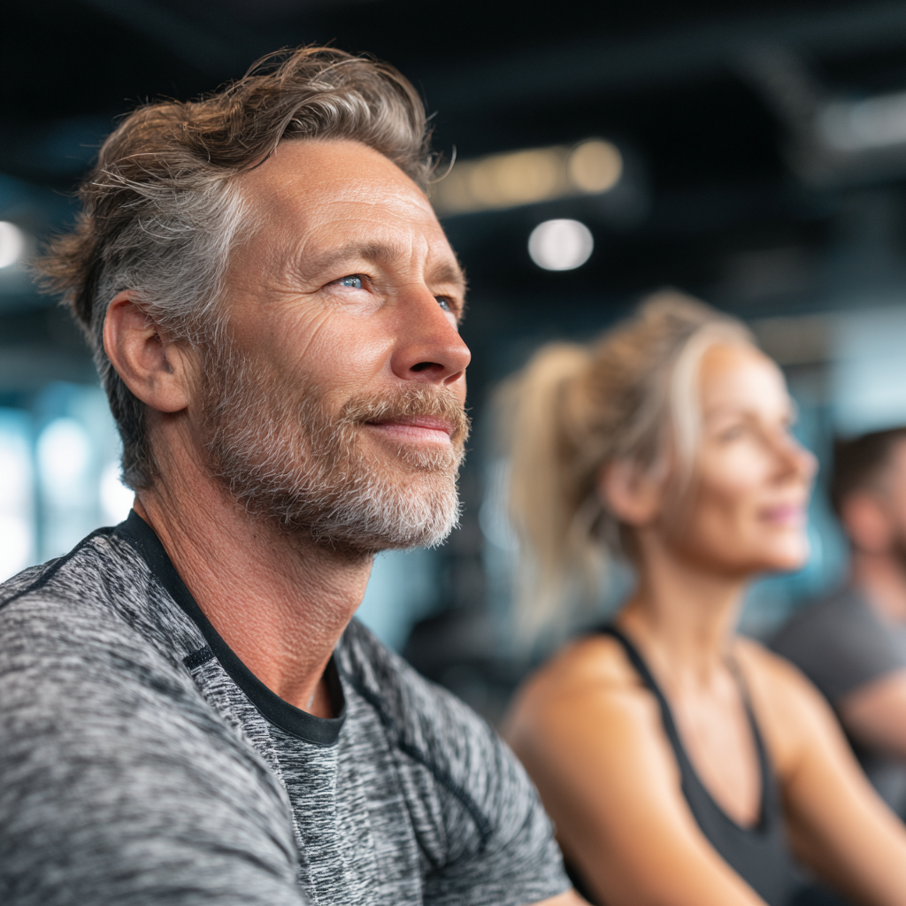 Middle-aged adults engaged in functional fitness training in a modern gym environment