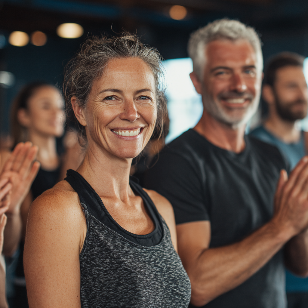 Satisfied middle-aged gym members celebrating fitness achievements in a supportive community environment